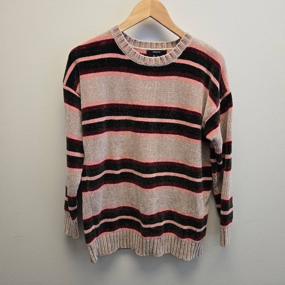 Forever 21 Small Chenille Soft Striped Oversized Sweater Tan Pink Burgundy Green